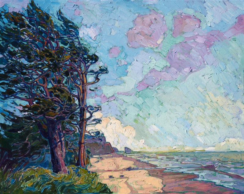 This painting captures the stately pines along the northern Washington coast, blown and carved by westerlies, magestic and strong.  The slate gray ocean reflects the colors of the Northwestern sky, creating a sense of balance in the painting. The brush strokes are loose and impressionsitic, forming a mosaic of color and texture across the canvas.</p><p>This painting was done on 1-1/2" canvas, with the painting continued around the edges.  It has been framed in a carved gold floater frame and arrives ready to hang.<br/>