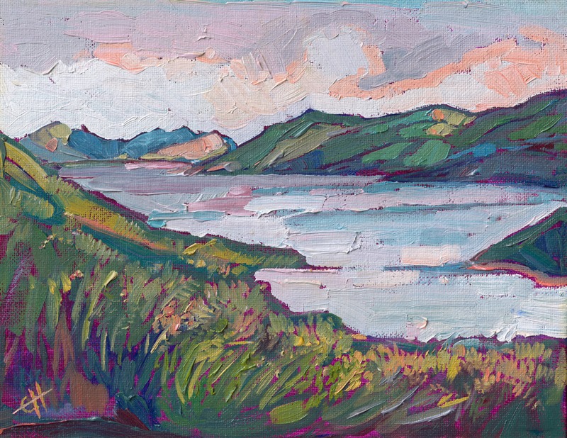 This petite painting captures a lake near Paso Robles and Cambria called Whale Rock Reservoir. The classic California hills surrounding the lake are lush and green in the springtime.

"Whale Rock Reservoir" is an original oil painting on canvas board. The piece arrives framed in a black and gold plein air frame. This piece from 2013 is being sold on consignment.