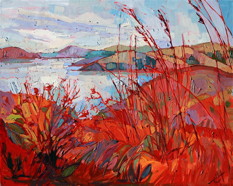 A sister painting to "Thistle in Red", this bold oil painting brings to life the heat of summer in central California. The red and copper thistles and scrubby grasses linger through the autumn before they are finally replaced with new, soft green growth.