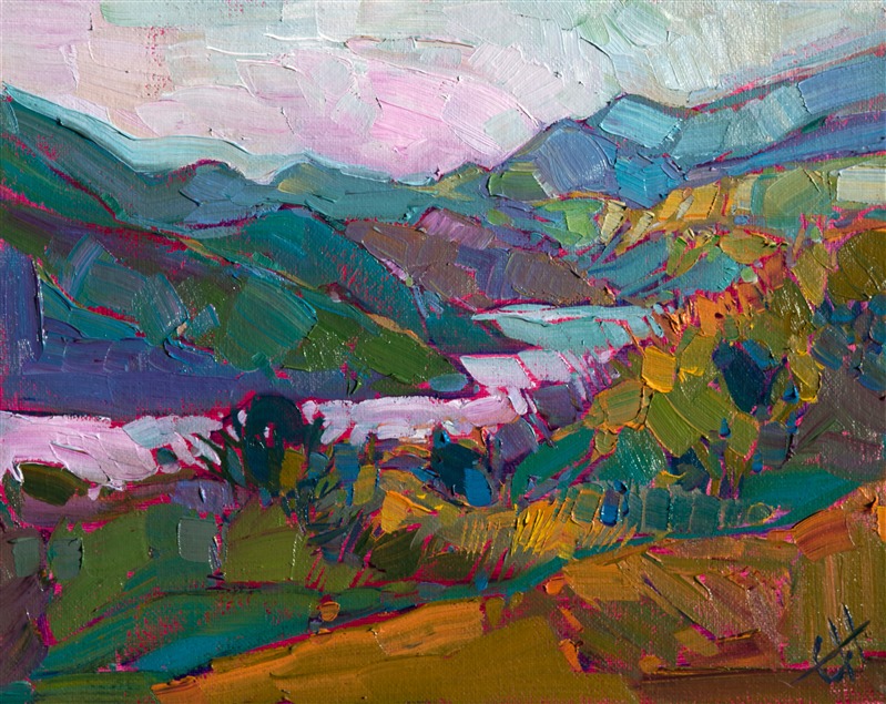 Whale Rock Reservoir, near Morro Bay, is beautiful after a rainfall, the rolling hills becoming drenched in baby green grasses.  This small oil painting uses a few brush strokes to capture the impression of this landscape.</p><p>This oil painting arrives framed and ready to hang.