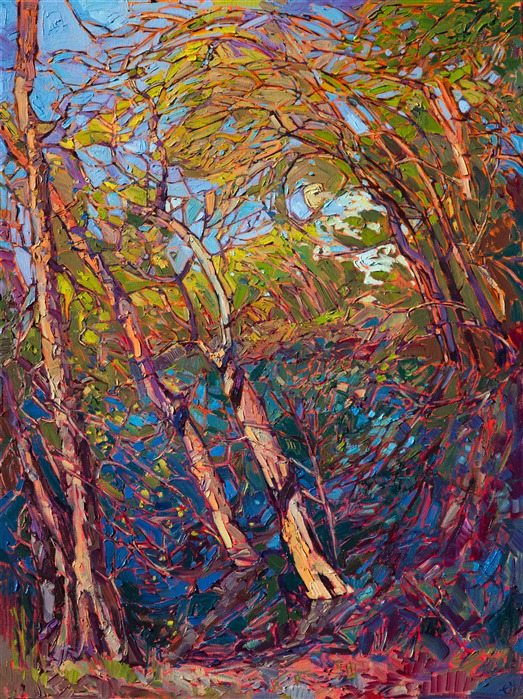 This painting of riverside trees is alive with color and motion. The abstract shapes of the branches merge together like stained glass, creating a mosaic pattern of color and light.</p><p>This painting was created on a gallery-depth canvas with the painting continued around the edges. The painting arrives in a beautiful hardwood floater frame, ready to hang.