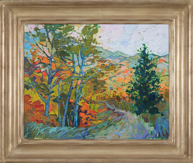 The White Mountains of New Hampshire were a stunning revelation of color and light.  I loved watching the sun rise over the mountains, each new minute illuminating a new layer of foliage. The brush strokes in this painting are loose and expressive, capturing the beauty of the outdoors.