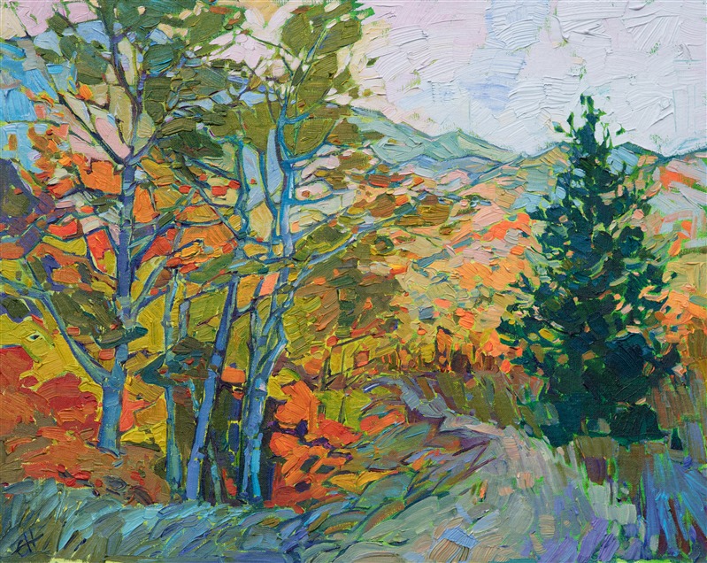 The White Mountains of New Hampshire were a stunning revelation of color and light.  I loved watching the sun rise over the mountains, each new minute illuminating a new layer of foliage. The brush strokes in this painting are loose and expressive, capturing the beauty of the outdoors.