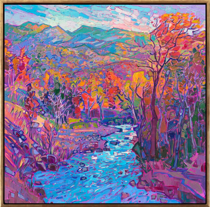 The stately White Mountains are captured in Hanson's signature palette of rich autumn hues. The thick, impressionistic brush strokes bring motion and depth to the painting, and the vibrant pigments seem to glitter like jewels upon the canvas.</p><p>"White Mountains Autumn" is an original oil painting by American impressionist Erin Hanson. The painting arrives in a burnished, gold floater frame, ready to hang.