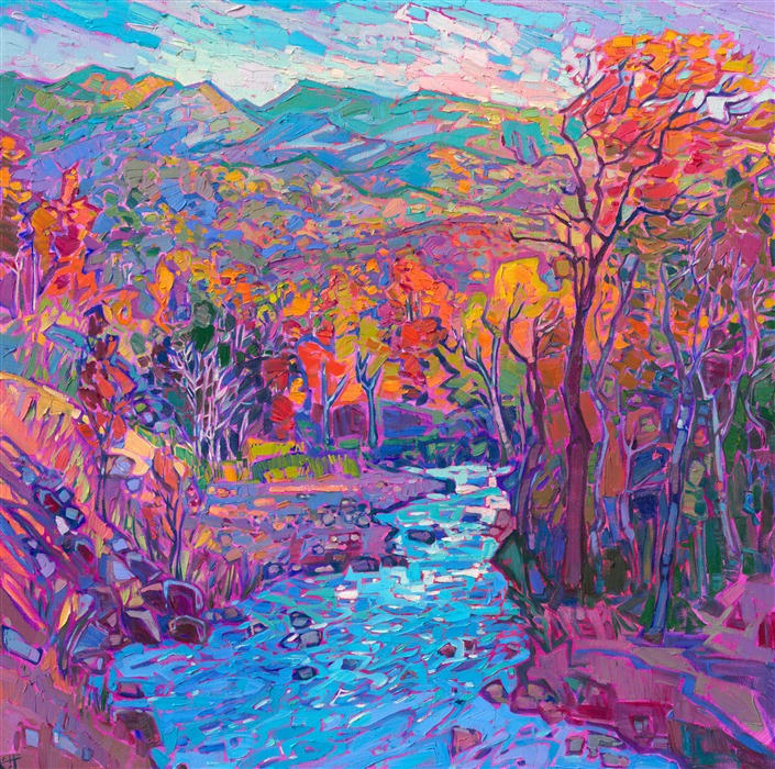 The stately White Mountains are captured in Hanson's signature palette of rich autumn hues. The thick, impressionistic brush strokes bring motion and depth to the painting, and the vibrant pigments seem to glitter like jewels upon the canvas.</p><p>"White Mountains Autumn" is an original oil painting by American impressionist Erin Hanson. The painting arrives in a burnished, gold floater frame, ready to hang.