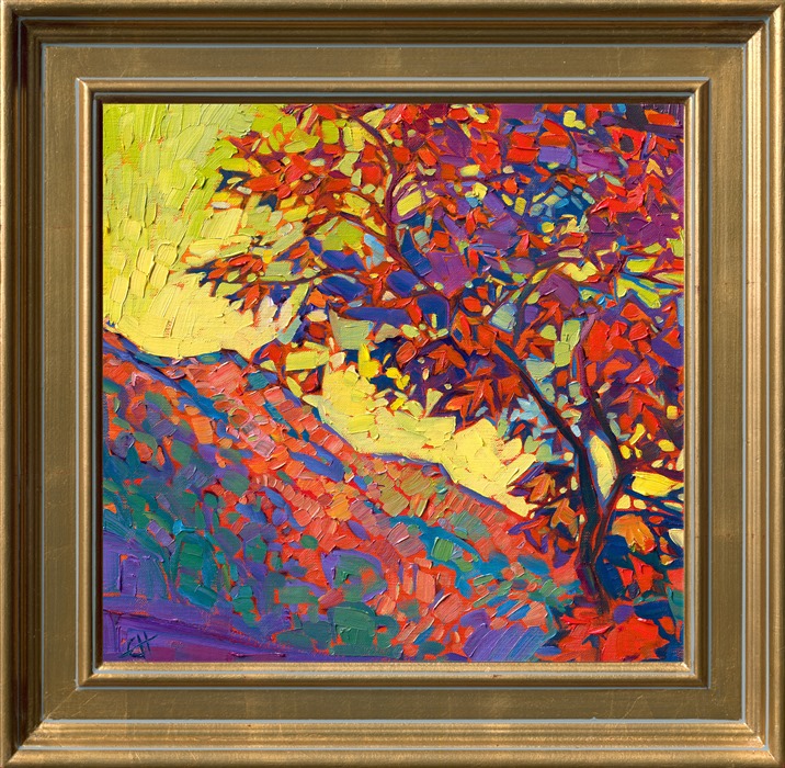 A brilliant red maple catches the first light of dawn, blazing in fall glory. This painting of the White Mountains in New Hampshire captures all the beauty of autumn with bold, expressive color.</p><p>"White Mountains Maple" was created on fine linen board. The piece arrives framed in a plein air frame, ready to hang.