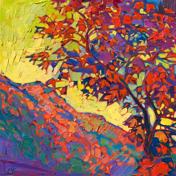 A brilliant red maple catches the first light of dawn, blazing in fall glory. This painting of the White Mountains in New Hampshire captures all the beauty of autumn with bold, expressive color.</p><p>"White Mountains Maple" was created on fine linen board. The piece arrives framed in a plein air frame, ready to hang.