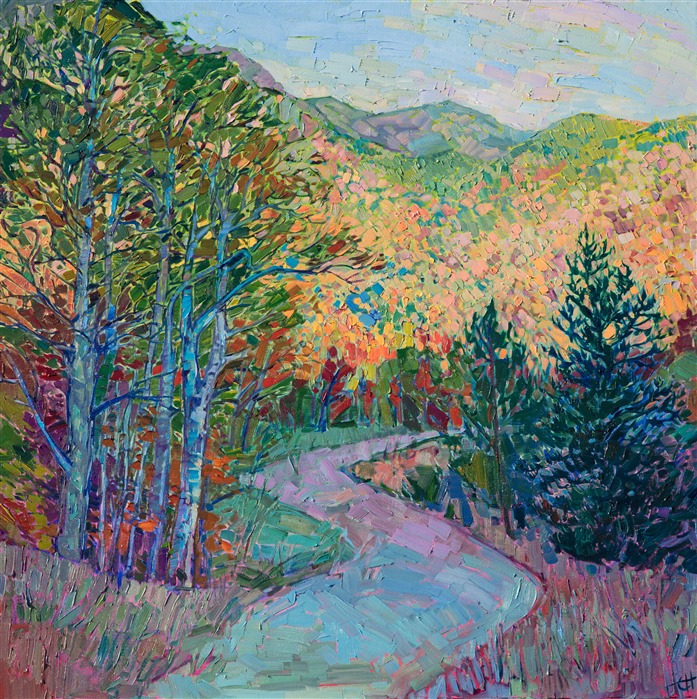 New Hampshire's White Mountains are definitely not white in October - they are colored in crisp shades of green, rust, amber and gold. This painting captures the gentle morning light in early autumn before the sun has fully risen. Thick brush strokes of oil paint bring to life the texture of the landscape.</p><p>This painting will be framed in a custom-made, gilded floater frame. The piece was created on gallery-depth canvas, with the painting continued around the edges of the canvas.