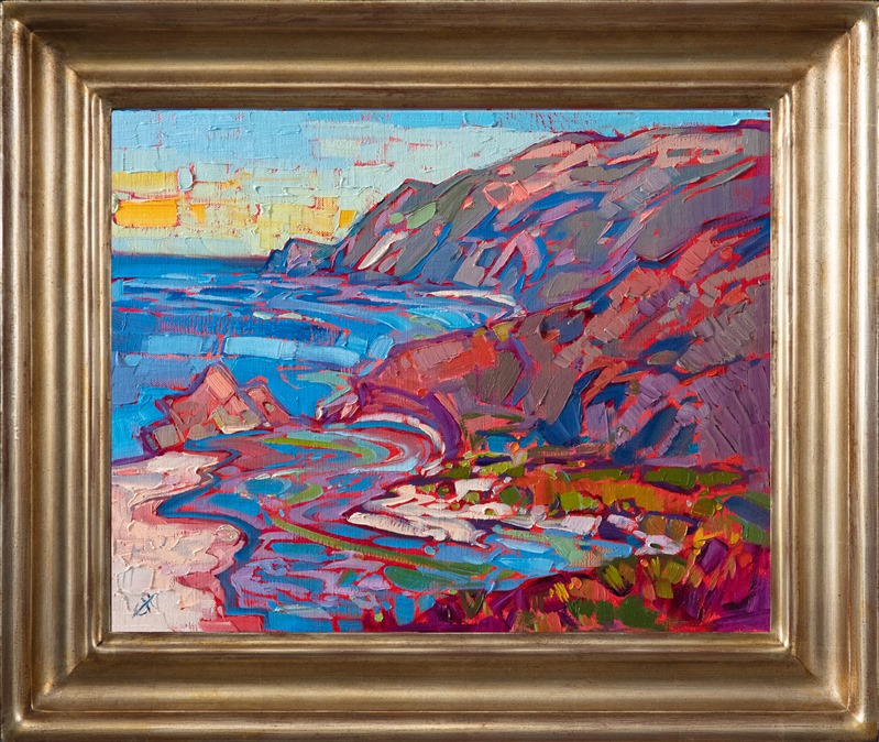 The curving coast of California near Big Sur is alive with colorful cliffs and white sand beaches. The impasto brush strokes capture the movement and saturated color of the scene.</p><p>"White Sands" was created on linen board. The piece arrives framed in a gold plein air frame.