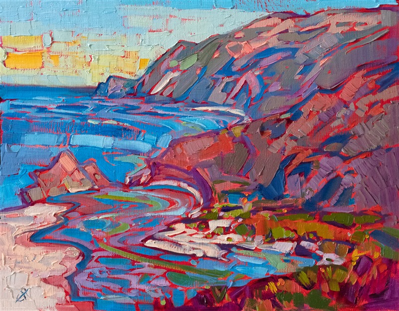 The curving coast of California near Big Sur is alive with colorful cliffs and white sand beaches. The impasto brush strokes capture the movement and saturated color of the scene.</p><p>"White Sands" was created on linen board. The piece arrives framed in a gold plein air frame.