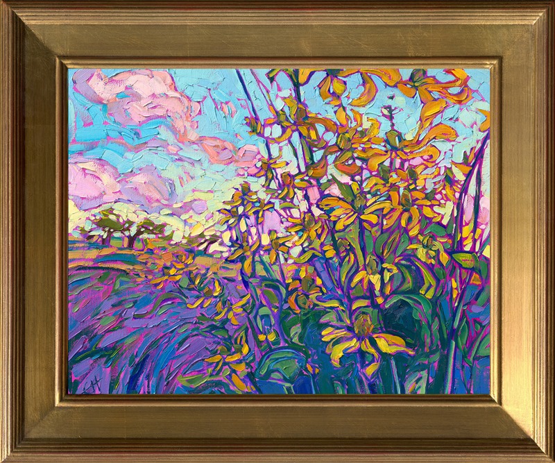 Wildflowers in northwest wine country are captured in loose, expressive brush strokes. The curving petals are alive with motion, the tall flower stalks waving in the wind.</p><p>"Wild Blooms" is an original oil painting on linen board. The piece arrived framed in a gold plein air frame, ready to hang.