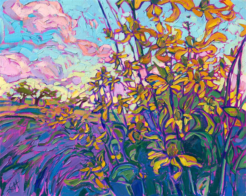 Wildflowers in northwest wine country are captured in loose, expressive brush strokes. The curving petals are alive with motion, the tall flower stalks waving in the wind.</p><p>"Wild Blooms" is an original oil painting on linen board. The piece arrived framed in a gold plein air frame, ready to hang.