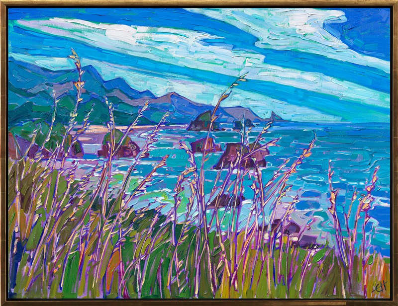 Waving strands of summer grass move gracefully before the coastal vista of blues and greens beyond. This painting captures the Pacific Coastline with thick, impressionistic brush strokes, alive with color and texture.</p><p>"Wild Grass" was created on 1-1/2" canvas, and the original oil painting arrives framed in a contemporary gold floater frame, ready to hang.
