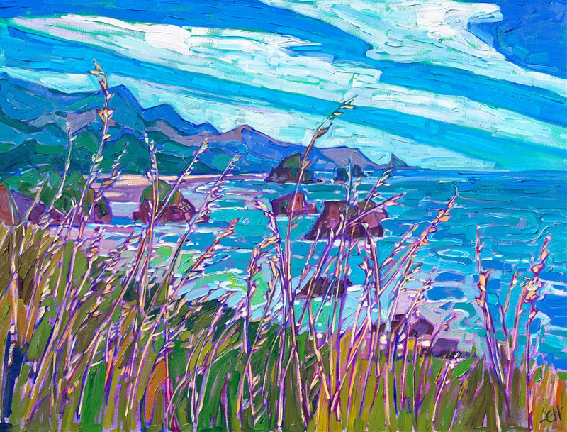 Waving strands of summer grass move gracefully before the coastal vista of blues and greens beyond. This painting captures the Pacific Coastline with thick, impressionistic brush strokes, alive with color and texture.</p><p>"Wild Grass" was created on 1-1/2" canvas, and the original oil painting arrives framed in a contemporary gold floater frame, ready to hang.