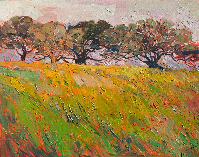 Entwining oaken branches form abstract shapes of shadow and light above this landscape of Paso Robles, California.  The brush strokes are vibrant with color, forming an impressionistic mosaic of texture across the canvas.</p><p>This painting was created on a gallery-depth canvas with the painting continued around the edges. The painting will arrive in a beautiful hardwood floater frame, ready to hang. </p><p>Exhibited: "Impressions in Oil", Studios on the Park. Paso Robles, CA. 2015<br/>