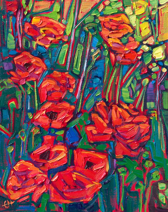 Wild red ranunculus flowers bloom with rich hues against a background of jewel-toned grass. The brush strokes create a stained-glass appearance within the oil painting.</p><p>"Wild Red" was created on linn board, and the petite painting arrives framed in a plein air frame, ready to hang.