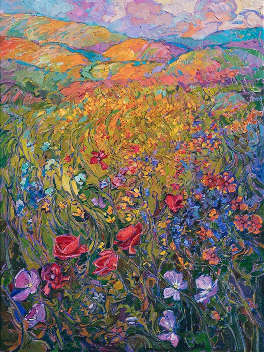 A colorful abundance of wildflowers tumbles down the hillside in this wine country-inspired landscape painting.  The thick brush strokes are lively and full of expression, capturing the emotional joy experienced when you see wildflowers out in the countryside.