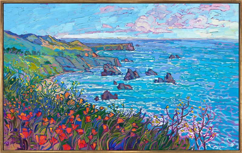 California poppies and wild mustard grow with colorful exuberance along Highway 1. This painting captures the beauty of the Pacific in hues of lavender and turquoise contrasting with the warm colors of yellow and orange. Each brush stroke adds to the sense of motion and impressionistic color of the painting.</p><p>"Wildflower Coast" was created on gallery-depth canvas, with the painting continued around the edges. The piece arrives framed in a contemporary gold floater frame.