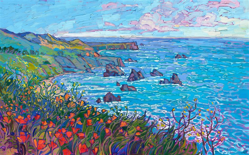California poppies and wild mustard grow with colorful exuberance along Highway 1. This painting captures the beauty of the Pacific in hues of lavender and turquoise contrasting with the warm colors of yellow and orange. Each brush stroke adds to the sense of motion and impressionistic color of the painting.</p><p>"Wildflower Coast" was created on gallery-depth canvas, with the painting continued around the edges. The piece arrives framed in a contemporary gold floater frame.