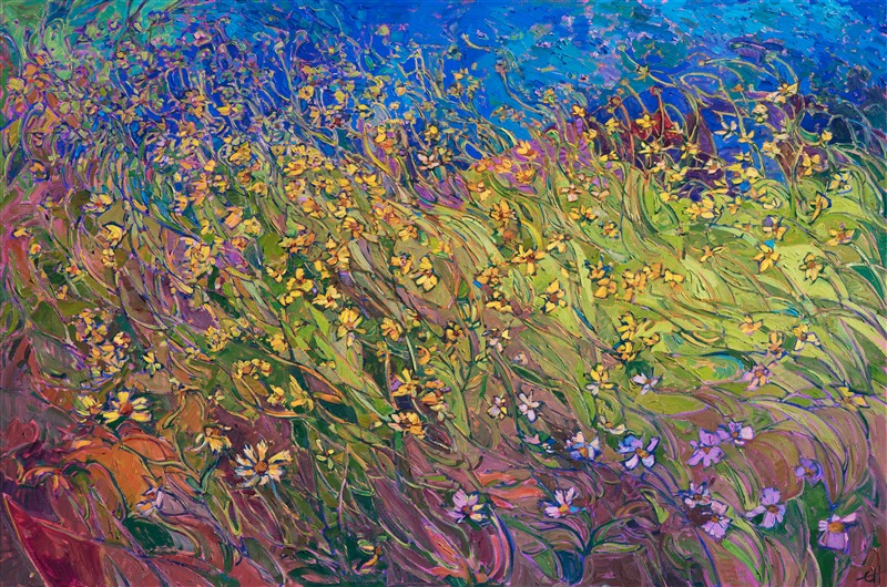 Waves of wildflowers create abstract patterns of color across this large canvas.  The brush strokes are loose and impressionistic, alive with motion and three-dimensional texture.</p><p>This painting was done on 1-1/2" canvas, with the painting continued around the edges. The piece has been framed in a 23kt gold floater frame.