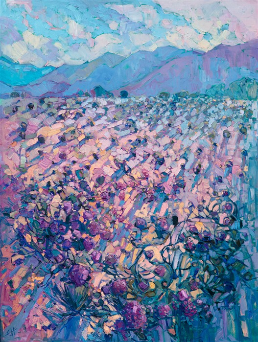 A wide expanse of white desert sand catches the multi-colored light of a fading afternoon.  The purple wildflowers seem to dance on the surface of the canvas, catching the light in their thickly applied brush strokes.  The mosaic quality of the light seems to create a sense of movement throughout the painting.</p><p>This painting was created on a gallery-depth canvas with the painting continued around the edges.