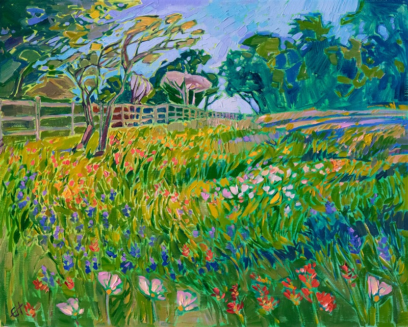 A bed of multi-colored wildflowers dances among the vivid green grasses of spring. The brush strokes are loose and impressionistic, creating a mosaic of color and texture across the canvas.</p><p>"Wildflower Hues" was created on fine linen board. The painting arrives framed in a hand-carved and gilded plein air frame.