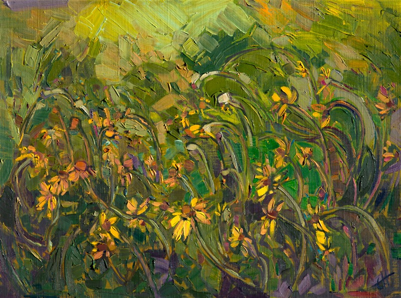 Yellow beads of color burst between the springtime grasses in this small impressionist oil painting. Each wildflower appears a precious, fleeting jewel of color, captured in a few expressive brush strokes.</p><p>Collection of <a href="http://www.ayreshotels.com/allegretto-resort-and-vineyard-paso-robles">The Allegretto Vineyard Resort</a>, Paso Robles, CA. 2015.