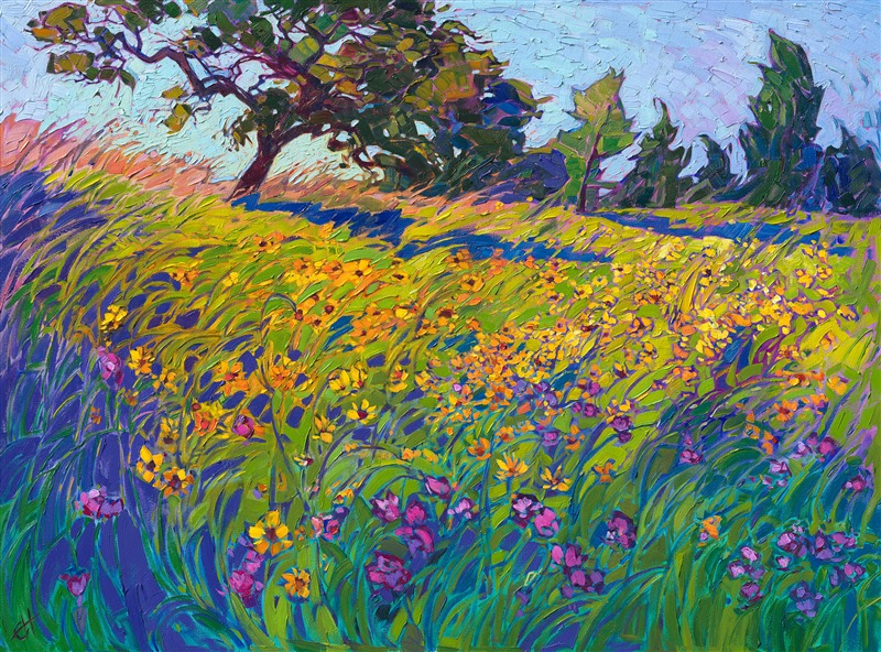 Cascading wildflowers grow with abundance in Texas Hill Country. This painting captures the lively array of colors and textures that abound during the spring months.  The brush strokes are thickly applied, loose and impressionstic. 

"Wildflower Light" was created on 1-1/2" canvas, with the painting continued around the edges. The painting has been framed in a custom-made, gold floating frame.

This painting was exhibited in <i><a href="https://www.erinhanson.com/event/ErinHansonAmericanVistas" target="_blank">Erin Hanson: American Vistas</i></a> at the Nancy Cawdrey Studios and Gallery in Whitefish, Montana, 2019.