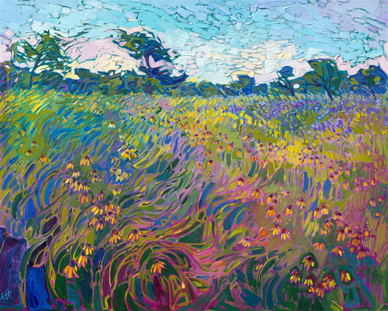 You can almost smell the heady scent of sweet wildflowers rising in the warm air in this oil painting of Texas hill country. The impressionistic brush strokes capture the vivid beauty of spring.</p><p>"Wildflower Lights" was created on 1-1/2" canvas, with the painting continued around the edges. The painting arrives framed in a contemporary gold floater frame.