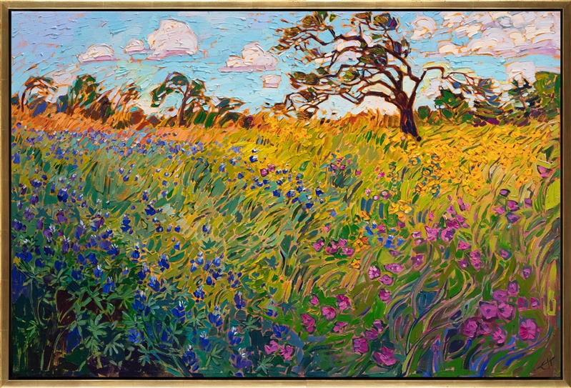 A flurry of bluebonnets merges with a rainbow array of Texas wildflowers in this impressionistic oil painting. The brush strokes are loose and painterly, capturing the colors and movement of the outdoors.</p><p>"Wildflower Spring" was created on 1-1/2" canvas, with the painting continued around the edges. The piece has been framed in a contemproary 23kt gold floater frame.
