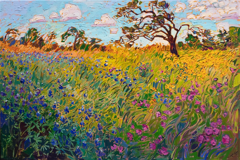 A flurry of bluebonnets merges with a rainbow array of Texas wildflowers in this impressionistic oil painting. The brush strokes are loose and painterly, capturing the colors and movement of the outdoors.</p><p>"Wildflower Spring" was created on 1-1/2" canvas, with the painting continued around the edges. The piece has been framed in a contemproary 23kt gold floater frame.