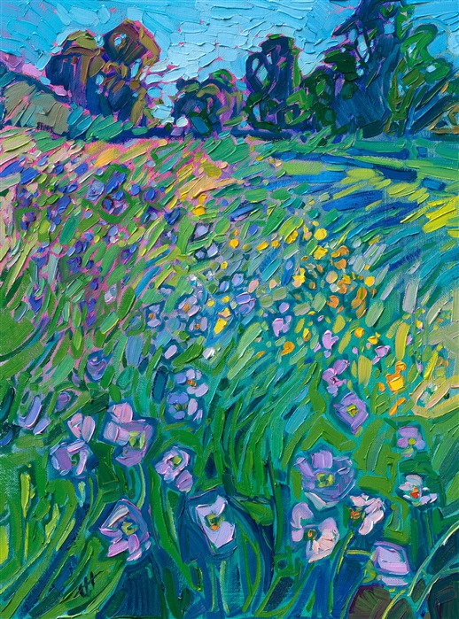 Texas hill country in the springtime is worth traveling to see. Wildflowers in a rainbow array of color from rich purple-blue to pale yellow grow everywhere among the bright spring grass. This painting captures all the abundant joy of spring with thick, impasto brush strokes. </p><p>"Wildflower Waves" is an original oil painting created on linen board. The piece arrives framed in a silver plein air frame, ready to hang.