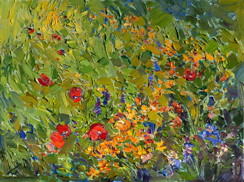 A blend of wildflowers burst forth in a medley of rhythm and color, the lively brush strokes capturing the sudden sense of joy one feels when happening across a collection of wild blooms.</p><p>This painting was created on 3/4" canvas and arrives framed in a classic gold frame, ready to hang. The second photograph above shows the painting under gallery lighting in the frame that is included with this piece.</p><p>