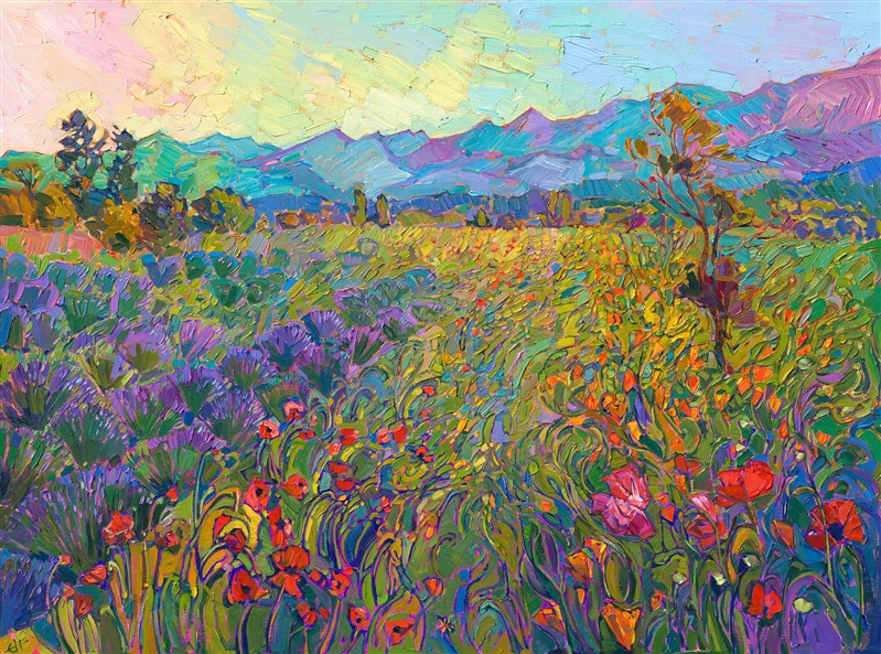 Rows of lavender blossoms and wild poppies radiate color in this northwestern landscape inspired by Sequim, Washington. Thick strokes of oil paint curve and swirl through the grasses, pulling your eye to the distant mountain range.</p><p>"Wildflowers in Bloom" is an original oil painting created on stretched canvas. The piece arrives framed in a contemporary gold floater frame.