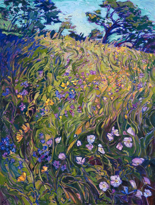 Abstract flowers swirl together in a medley of purples and greens, a celebration of life and color.  The impressionistic movement in the long spring grasses engages the eye in contemplation. 

The piece was created on 1-1/2" canvas, with the sides of the canvas painted as a continuation of the painting. This painting has been framed in a champagne-gold Open Impressionist frame. 