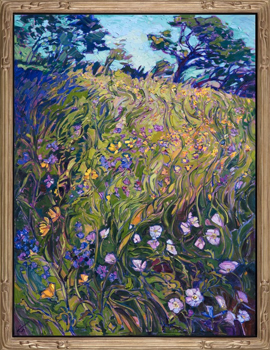 Abstract flowers swirl together in a medley of purples and greens, a celebration of life and color.  The impressionistic movement in the long spring grasses engages the eye in contemplation. </p><p>The piece was created on 1-1/2" canvas, with the sides of the canvas painted as a continuation of the painting. This painting has been framed in a champagne-gold Open Impressionist frame. 