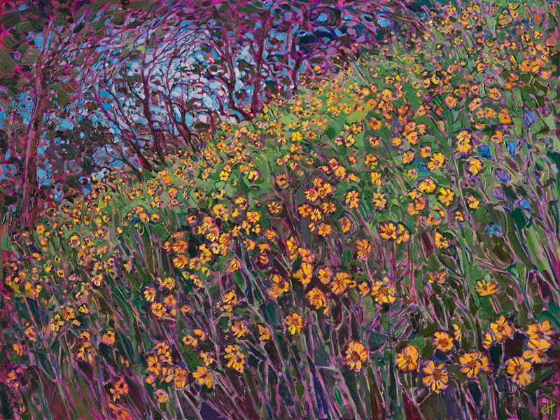 Yellow wildflowers tumble down the hillside in this painting of central California, near Hearst Castle.  The brush strokes are vivid and expressive, alive with motion and subtle color changes.  This painting capture the emotional response to being outdoors in the cool shade and seeing a beautiful expanse of flowers under the oak trees.</p><p>This painting was created on 1-1/2"-deep canvas, with the painting continued around the edges of the canvas. It has been framed in a hand-carved Open Impressionist frame. Read more about the <a href="https://www.erinhanson.com/Blog?p=AboutErinHanson" target="_blank">painting's details here.</a><br/>