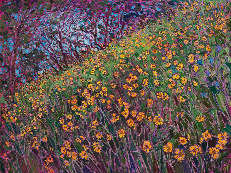 Yellow wildflowers tumble down the hillside in this painting of central California, near Hearst Castle.  The brush strokes are vivid and expressive, alive with motion and subtle color changes.  This painting capture the emotional response to being outdoors in the cool shade and seeing a beautiful expanse of flowers under the oak trees.

This painting was created on 1-1/2"-deep canvas, with the painting continued around the edges of the canvas. It has been framed in a hand-carved Open Impressionist frame. Read more about the <a href="https://www.erinhanson.com/Blog?p=AboutErinHanson" target="_blank">painting's details here.</a>
