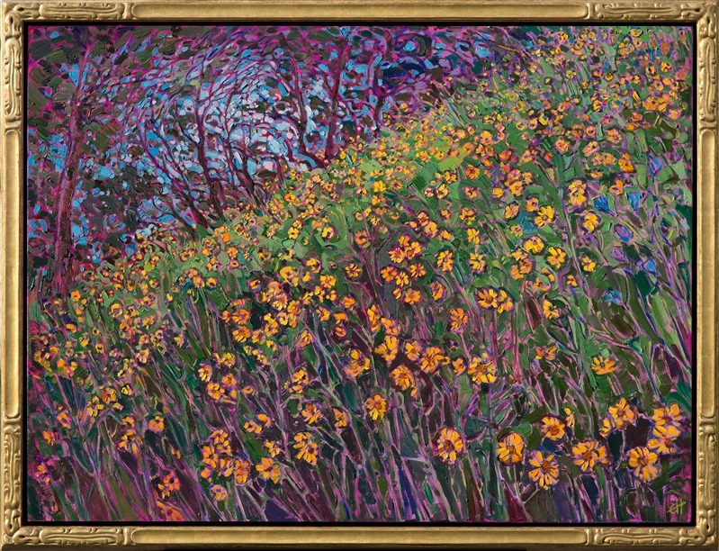 Yellow wildflowers tumble down the hillside in this painting of central California, near Hearst Castle.  The brush strokes are vivid and expressive, alive with motion and subtle color changes.  This painting capture the emotional response to being outdoors in the cool shade and seeing a beautiful expanse of flowers under the oak trees.</p><p>This painting was created on 1-1/2"-deep canvas, with the painting continued around the edges of the canvas. It has been framed in a hand-carved Open Impressionist frame. Read more about the <a href="https://www.erinhanson.com/Blog?p=AboutErinHanson" target="_blank">painting's details here.</a><br/>