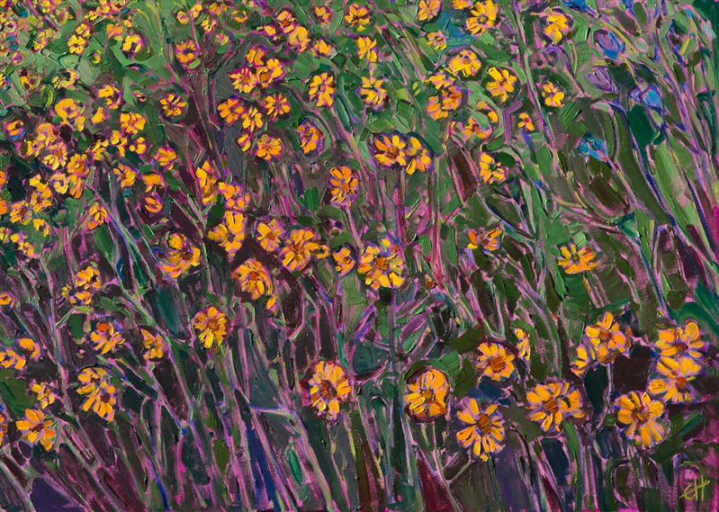 Yellow wildflowers tumble down the hillside in this painting of central California, near Hearst Castle.  The brush strokes are vivid and expressive, alive with motion and subtle color changes.  This painting capture the emotional response to being outdoors in the cool shade and seeing a beautiful expanse of flowers under the oak trees.</p><p>This painting was created on 1-1/2"-deep canvas, with the painting continued around the edges of the canvas. It has been framed in a hand-carved Open Impressionist frame. Read more about the <a href="https://www.erinhanson.com/Blog?p=AboutErinHanson" target="_blank">painting's details here.</a><br/>