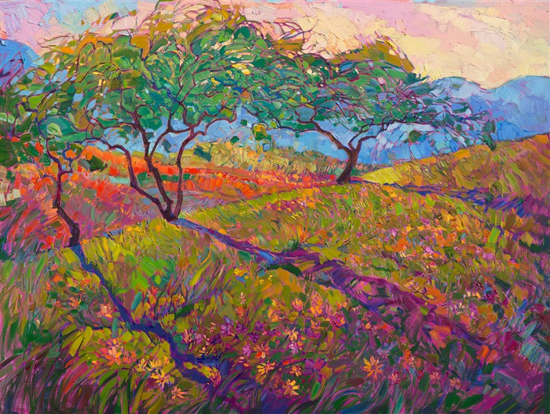 A burst of spring color celebrates the first painting in the new Wildflower Collection, inspired by this year's rainfall and explosion of wildflower color.  The impasto brush strokes create an impressionistic movement of light and color across the canvas.

This painting was created on museum-depth canvas, with the painting continued around the edges of the stretched canvas. It arrives ready to hang without a frame. (Please contact the artist if you would like information on framing options.)
