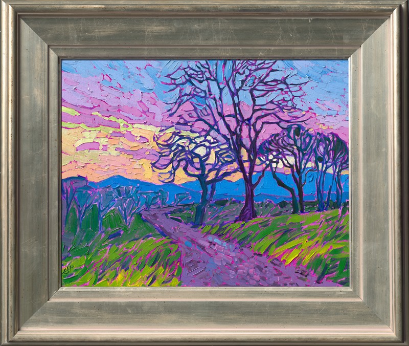 A grove of winter-bare oak trees stands along a winding road in Oregon's wine country valley. The brush strokes in this petite painting are loose and expressive, capturing the mosaic quality of the light appearing through the tree branches.</p><p>"Willamette Oaks" is an original oil painting created on linen board. The piece arrives framed in an antiqued silver plein air frame, ready to hang.