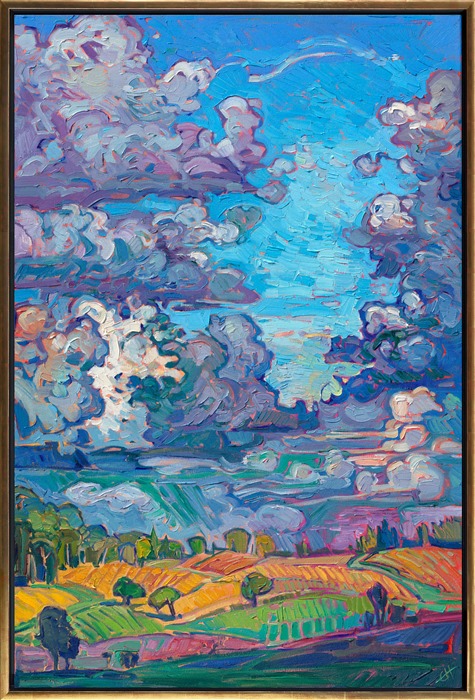 Oregon's Willamette Valley is a lush countryside with just enough rain to keep the landscape green. After the rain, the clouds part, and the rolling hills and vineyards are bathed in warm sunlight. This painting captures that moment when the clouds first part and the word is illuminated with color.
