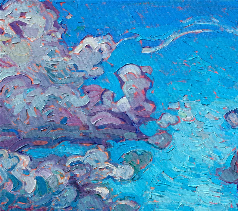 Oregon's Willamette Valley is a lush countryside with just enough rain to keep the landscape green. After the rain, the clouds part, and the rolling hills and vineyards are bathed in warm sunlight. This painting captures that moment when the clouds first part and the word is illuminated with color.