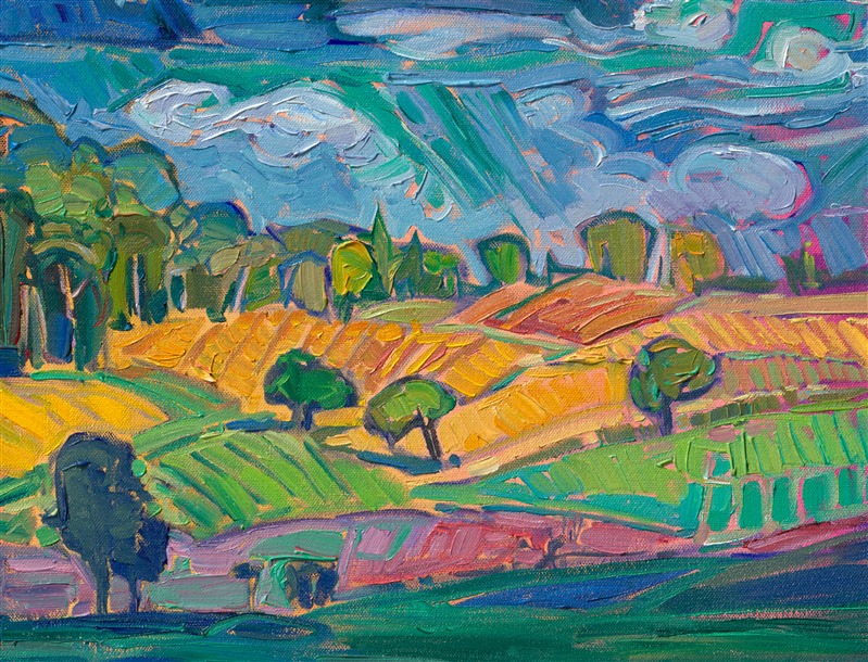 Oregon's Willamette Valley is a lush countryside with just enough rain to keep the landscape green. After the rain, the clouds part, and the rolling hills and vineyards are bathed in warm sunlight. This painting captures that moment when the clouds first part and the word is illuminated with color.