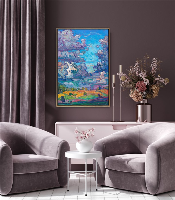 Oregon's Willamette Valley is a lush countryside with just enough rain to keep the landscape green. After the rain, the clouds part, and the rolling hills and vineyards are bathed in warm sunlight. This painting captures that moment when the clouds first part and the word is illuminated with color.