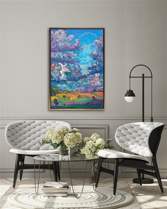 Oregon's Willamette Valley is a lush countryside with just enough rain to keep the landscape green. After the rain, the clouds part, and the rolling hills and vineyards are bathed in warm sunlight. This painting captures that moment when the clouds first part and the word is illuminated with color.