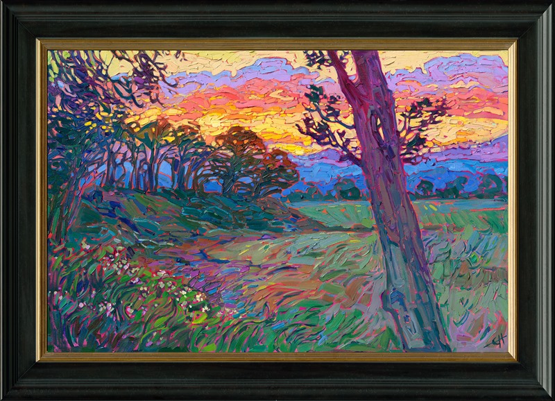 The Willamette Valley in Oregon is a beautiful destination for wine tasting, the richly colored rural landscape the perfect setting to enjoy a Pinot Noir. This painting captures a sunset-drenched sky setting over the coastal mountain range near McMinnville, OR.</p><p>"Willamette Sunset" is an original oil painting created on 3/4" stretched canvas. The painting arrives framed in your choice of black or silver frame, pictured above.