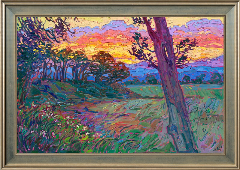 The Willamette Valley in Oregon is a beautiful destination for wine tasting, the richly colored rural landscape the perfect setting to enjoy a Pinot Noir. This painting captures a sunset-drenched sky setting over the coastal mountain range near McMinnville, OR.</p><p>"Willamette Sunset" is an original oil painting created on 3/4" stretched canvas. The painting arrives framed in your choice of black or silver frame, pictured above.
