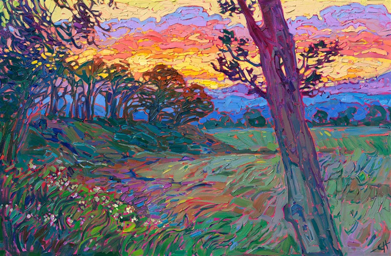 The Willamette Valley in Oregon is a beautiful destination for wine tasting, the richly colored rural landscape the perfect setting to enjoy a Pinot Noir. This painting captures a sunset-drenched sky setting over the coastal mountain range near McMinnville, OR.</p><p>"Willamette Sunset" is an original oil painting created on 3/4" stretched canvas. The painting arrives framed in your choice of black or silver frame, pictured above.
